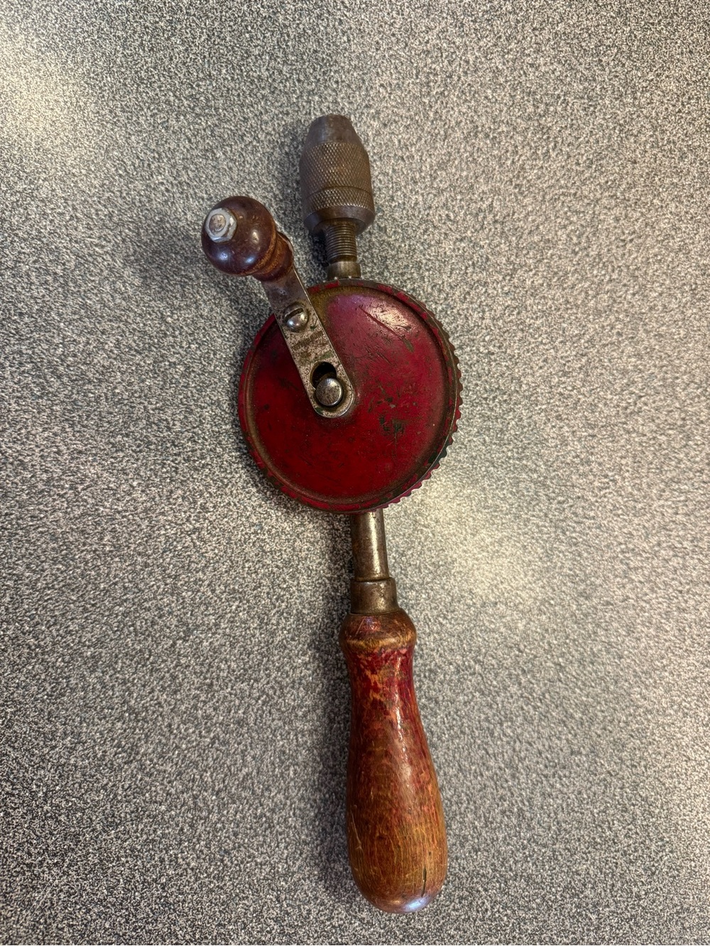 Vintage Hand Crank Drill - Red Wooden Handle